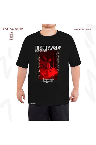 ZOKAWEAR Μαύρο μπλουζάκι μεγάλου μεγέθους Neon Genesis Evangelion Printed Battal (Bol) Mold