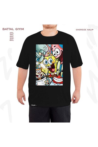 ZOKAWEAR Oversize Sunger Bob Family Printed Oversize (Bol) Μαύρο T-Shirt