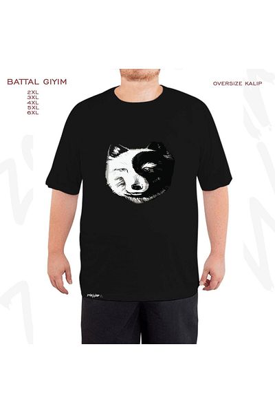 ZOKAWEAR Μαύρο μπλουζάκι μεγάλου μεγέθους Wolf Yin Yang με στάμπα μεγάλου μεγέθους