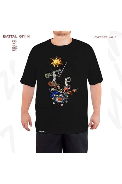 ZOKAWEAR Μαύρο Oversize Medieval Bestiary Killer Printed T-Shirt - Battal Kalıp