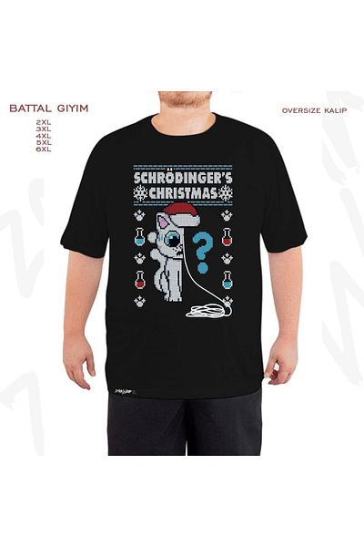 ZOKAWEAR Schrödinger's Cat Christmas Printed - Μαύρο T-Shirt με μεγάλη εφαρμογή