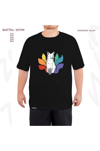 ZOKAWEAR Υπερμεγέθη πολύχρωμο Rainbow Fox Printed Oversize (Bol) Mold Μαύρο T-shirt