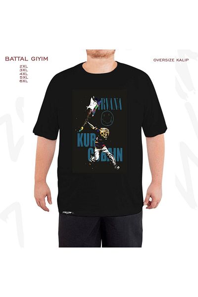 ZOKAWEAR Oversize Nirvana Kurt Cobain Guitar Printed Battal (Bol) Mold Μαύρο T-shirt