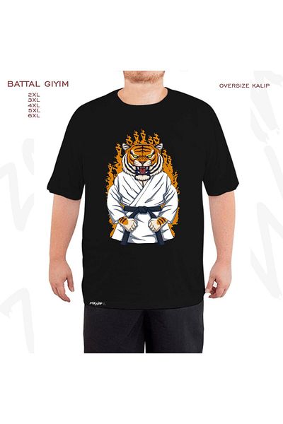 ZOKAWEAR Μαύρο μπλουζάκι μεγάλου μεγέθους Tiger Tiger Fighter Caret με στάμπα μεγάλου μεγέθους (Bol)