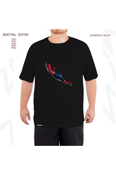 ZOKAWEAR Oversize spiderman And Phone Printed Battal (Bol) Mold Μαύρο T-Shirt
