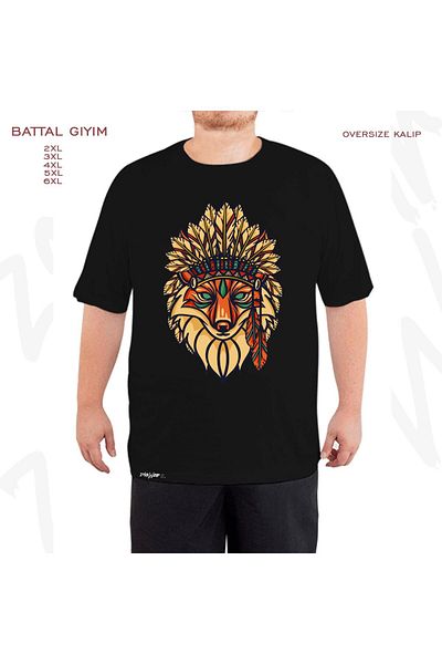 ZOKAWEAR Υπερμεγέθη Μαύρο T-Shirt με στάμπα ιθαγενών Αμερικανών Fox