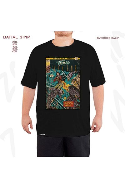 ZOKAWEAR Oversize The Thing Vs. Μαύρο μπλουζάκι Aliens Fan Art Comic Cover με στάμπα μεγάλου μεγέθους