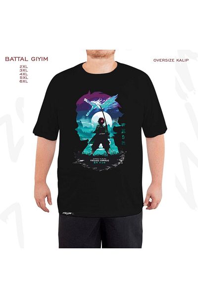 ZOKAWEAR Μαύρο μπλουζάκι Oversize Demon Slayer Tanjiro Kamado με στάμπα μεγάλου μεγέθους