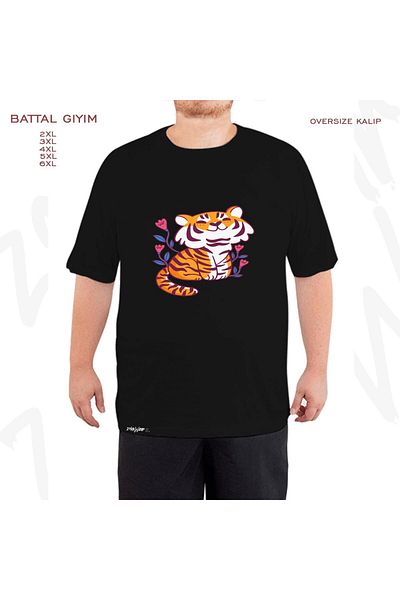 ZOKAWEAR Oversize Flower Tiger Printed Battal (Bol) Mold Μαύρο T-Shirt
