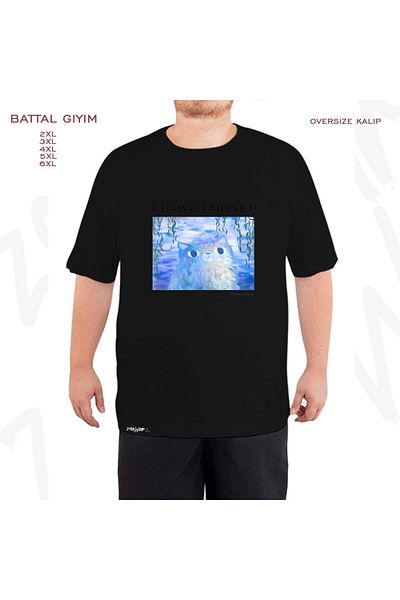 ZOKAWEAR Oversize Clawed Monet Artist Cat Printed Battal (Bol) Mold Μαύρο T-shirt