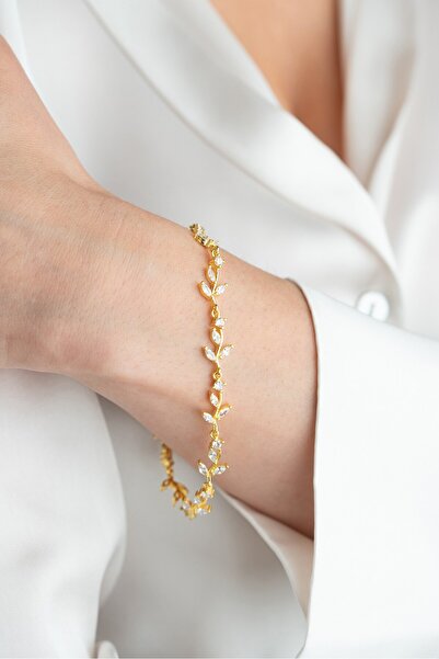 ESSARE 925 Ayar Gümüş Gold Kaplama Mekik Taşlı Zarif Sarmaşık Bileklik