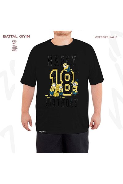 ZOKAWEAR Oversize Minions Happy 18th Birthday Printed Battal (Bol) Mold Μαύρο T-Shirt