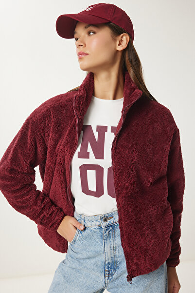 Lovelyİstanbul Burgundy Plush Zippered Cardigan - Lub0068