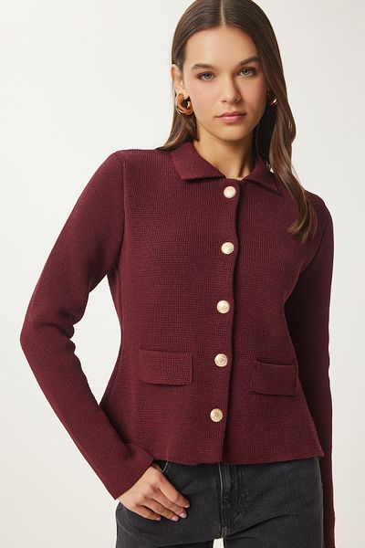 Lovelyİstanbul Claret Red Knitwear Polo Neck Cardigan - Κομψά κουμπιά LUS0051