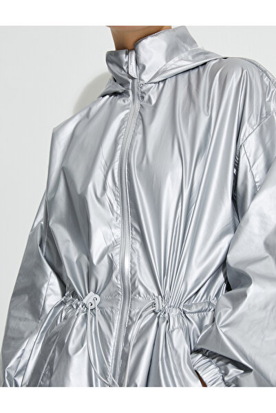 Koton Oversized Sports Jacket Metallic Water Repellent Concealable K Hooded Zippered Pockets