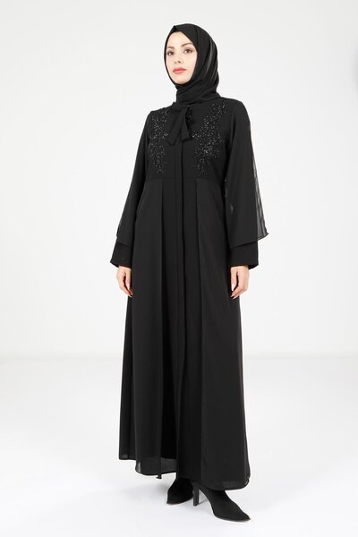 Beyza Tül Detaylı Taşlı Siyah Renk Ferace 3985