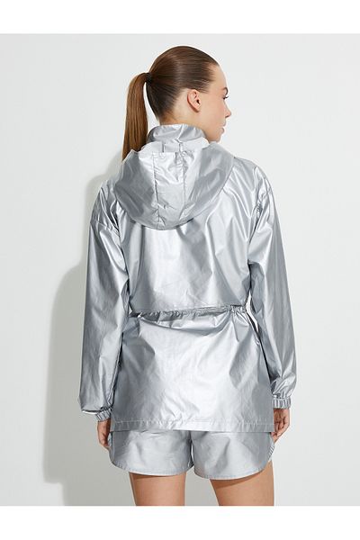 Koton Oversize Sports Jacket Metallic Water Repellent Concealable Hooded Zipper Pocket