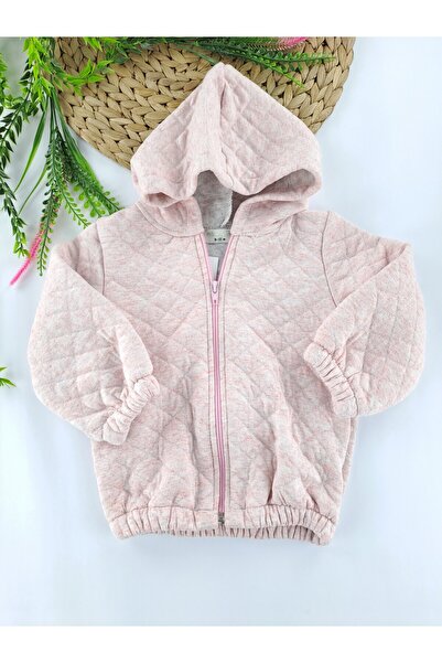 Butik Kız Bebek / Çocuk Yelek Sweatshirt Fermuarlı Kapşonlu Açık Pembe Renk