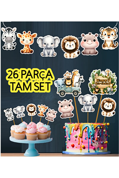Hiras Dizayn Kuromi54 Safari Hayvanları Temalı 26parça Dev Set Doğum Günü Süs...