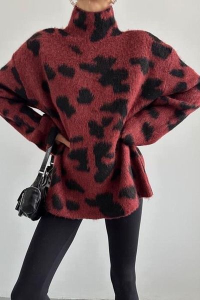 Luna Carina Pulover de damă, burgundă, cu guler în picioare, cu model leopard, cu textura moale
