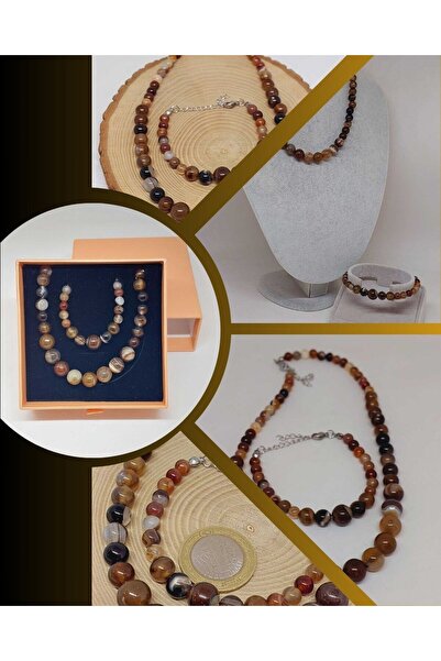 Yasamtohumu Set de colier și brățară din piatră de agat maro din seria Galaxy