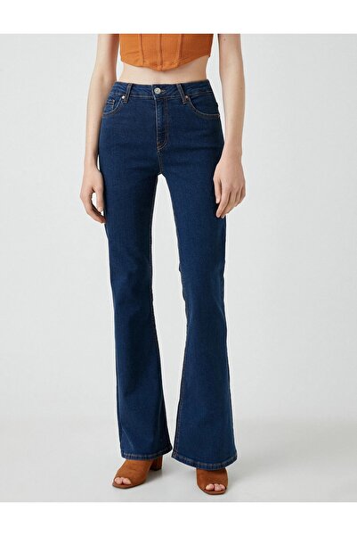 DRC trend Polo Kadın Koyu Mavi Ispanyol Paça Jeans Yüksek Bel Power Likra Kot Pantolon