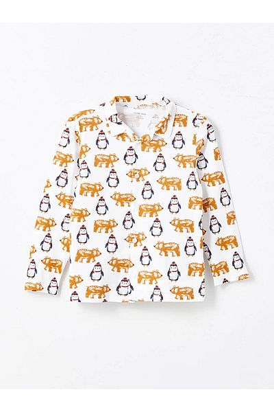 LC Waikiki Lcw Kids Ecru Polo Neck Printed Boys' Pajamas Set