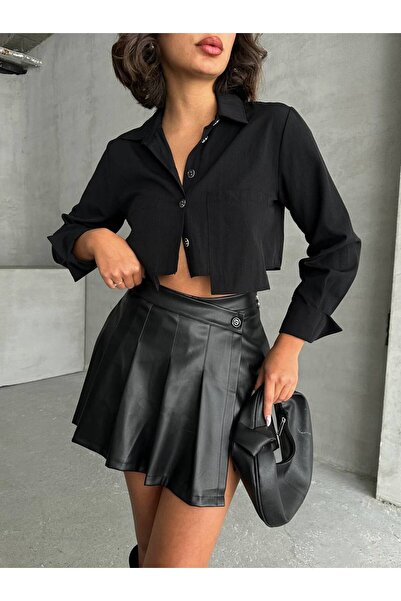 RockMore Pileli Deri Şort Etek
