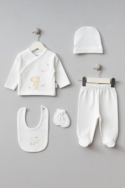 Bebitof Cute Moon and Rabbits Patterned 5 Piece Newborn Hospital Discharge Bodysuit Set