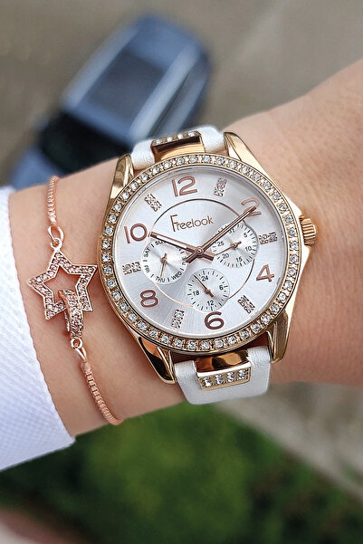Freelook White Leather Strap Women's Wrist Watch with Rhinestone Bracelet Gift