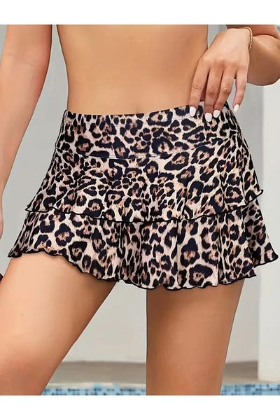 MAROVOAY Leopard Print High Waist Elastic Layered Ruffle Super Mini Skirt