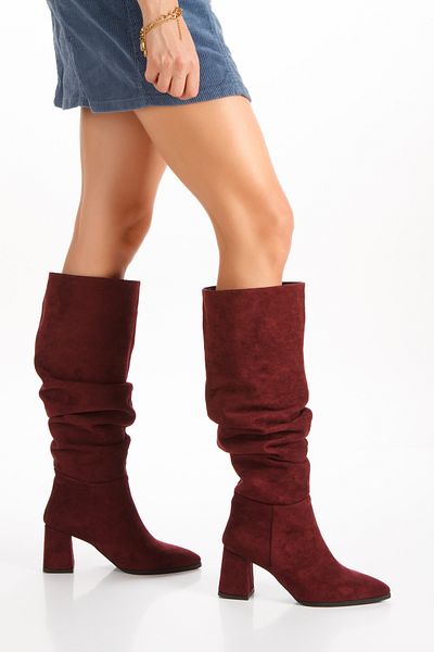 ÜNAL ÖZER Women's Burgundy Suede Pointed Toe Gusseted Thick Heeled Boots Un001-0590