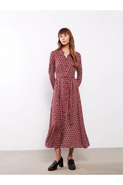 LC Waikiki Lcwaikiki Classic Red Print Long Sleeve Viscose Women's Shirt Dress
