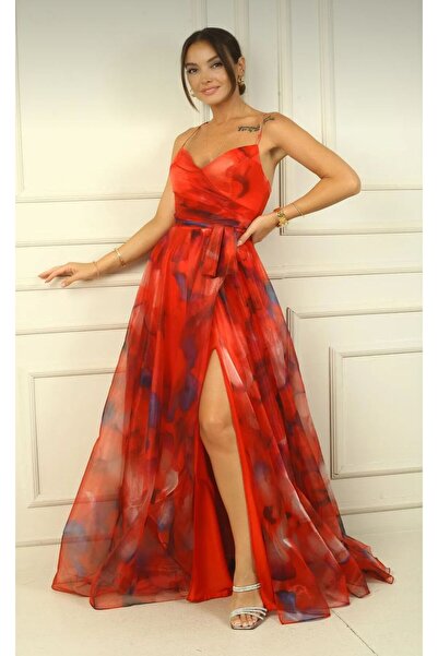 MODA İp Askılı Desenli Tül Abiye
