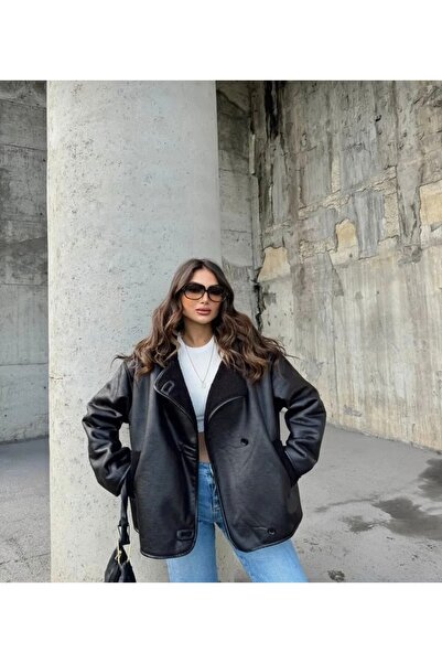 PATİSPANYA Kadın siyah oversize ceket premium mont