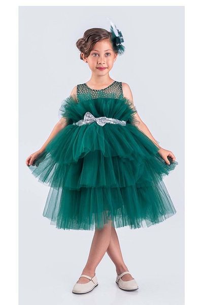 Mnk Baby&Kids Rochie de seara model buchet din tul Katkat pentru fete - VERDE INCHIS