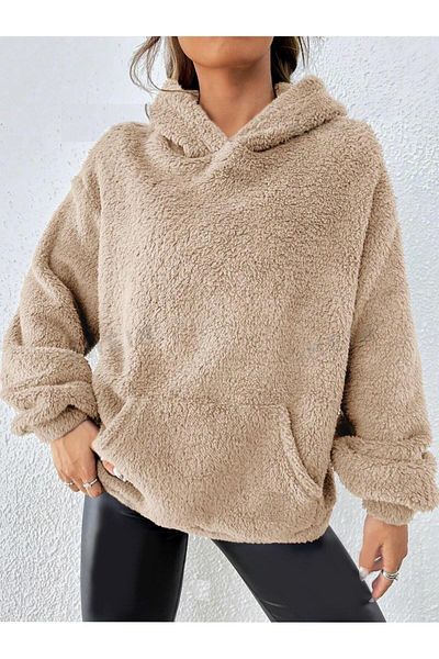 Actiwear Γυναικείο βελούδινο φούτερ καγκουρό - Τσέπη, κουκούλα με κορδόνια