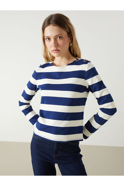 LC Waikiki Navy Blue Crew Neck Striped Women's T-Shirt