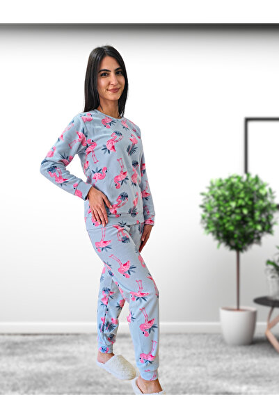 YusGos Women's Fleece Plush Pajamas Set with Flamingo Pattern (Green)