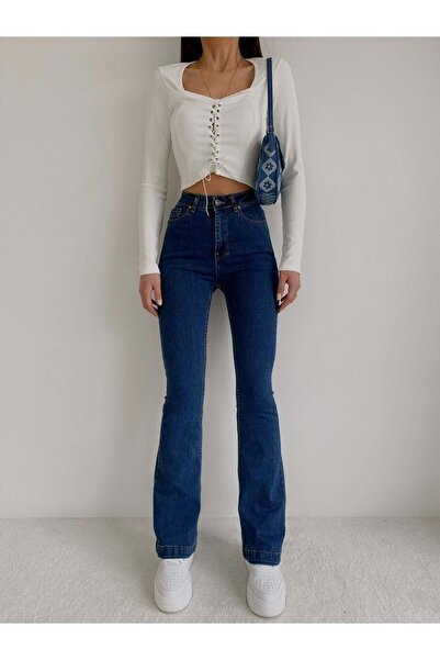 TRENDNATUREL Mallorca Spanish Dark Blue Color High Waist Lycra Flare Navy Blue Jeans