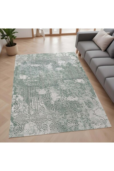 Evmila Modern Desenli Kaymaz Taban Makinede Yıkanır Dijital Baskılı Halı Yeşil