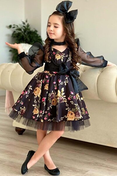 Mnk Μαύρο φόρεμα για κορίτσια με οργάντζα με μανίκια - 0187