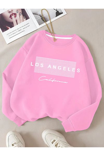 Revasser Unisex Women'S/Men's Detailed Los Angeles Custom Printed Color Oversize Crew Neck Cotton Sweatshirt