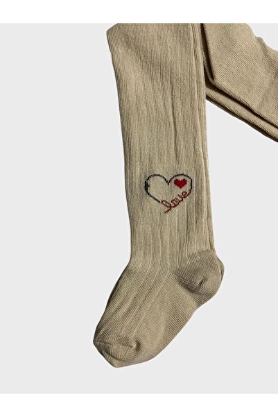 ALİŞ KİDS Girl's Cotton Light Brown Washed Perfumed Heart Patterned Striped Pantyhose