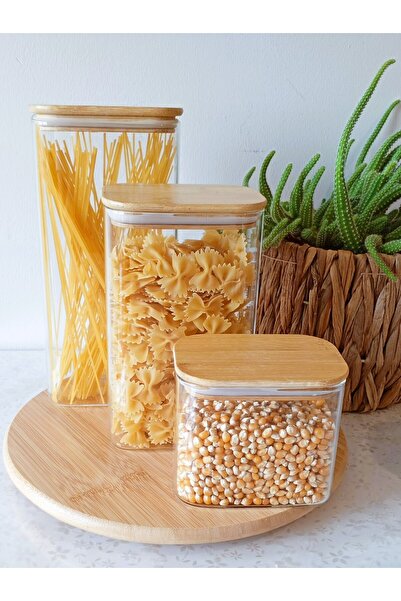 BOSSİO Set of 3 Bamboo Lids, Rectangular Form, Oversized, Borosilicate Glass, Jar