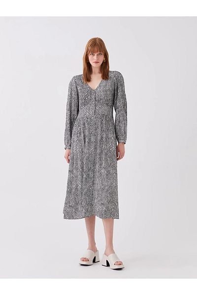 LC Waikiki Lcw Vision Black V-Neck Print Long Sleeve Women's Dress