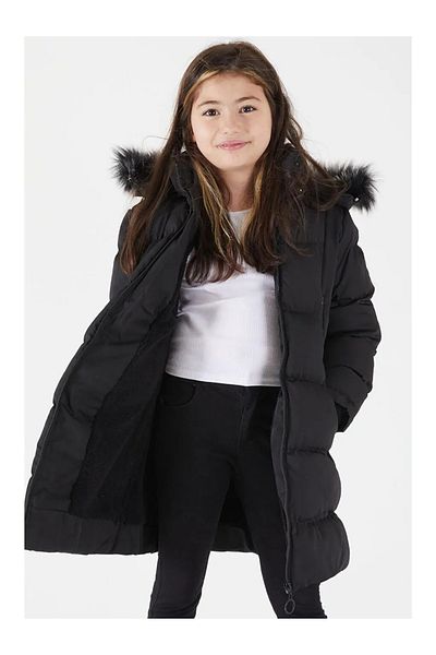 FREE ARSLAN COLLECTİON Long Inflatable Plush Lined Children's Black Coat with Removable Hood
