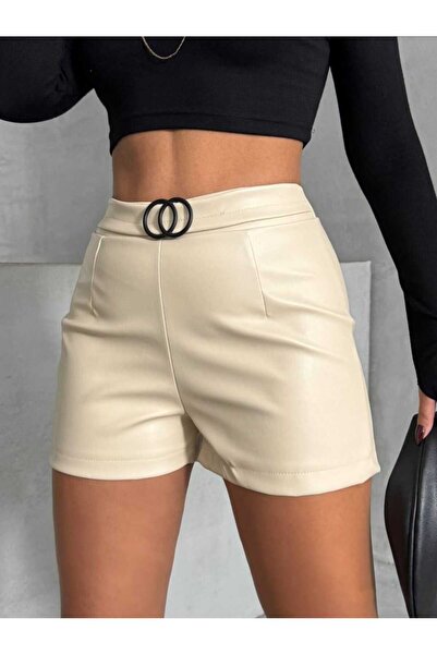 New Fashion Şardonlu Toka Detaylı Kışlık Ve Mevsimlik Kadın Bej Deri Şort