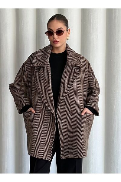 Laluvia Camel - Černý 1. stupeň kvality rybího hřbetu Oversize kašmírový kabát