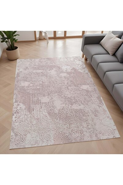 Evmila Modern Desenli Kaymaz Taban Makinede Yıkanır Dijital Baskılı Halı Pembe